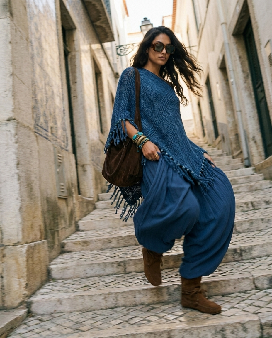 Root Hand-Knitted Merino Poncho in Deep Water by Zhenabia, view 8