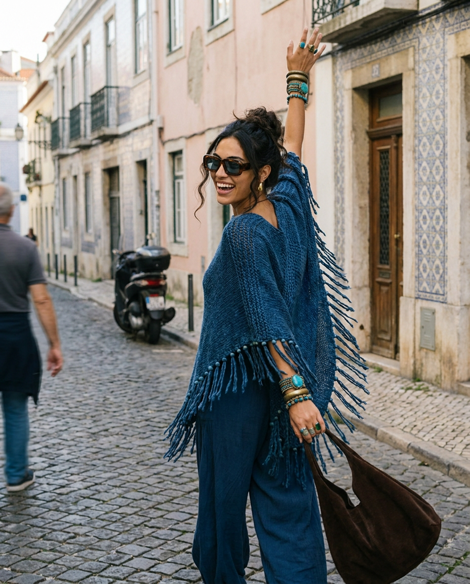 Root Hand-Knitted Merino Poncho in Deep Water by Zhenabia, view 7