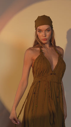 Open-back brown boho dress with hand-braided details and flowy design. Suitable for wedding guests, bridesmaids, or boho festivals. Fits XS to XL.