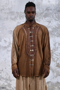 Sand boho men's shirt with alchemy and warrior designs, unique spiritual men's shirt made from soft cotton fabric, conscious clothing for men featuring cruelty-free materials, handcrafted bohemian-style men's shirt with chakra symbols, sustainable men's fashion, men's alchemist warrior shirt with chakra-inspired designs, mindful men's shirt made with eco-friendly materials, comfortable and stylish men's shirt with a spiritual touch, ethical and sustainable men's clothing with unique designs.
