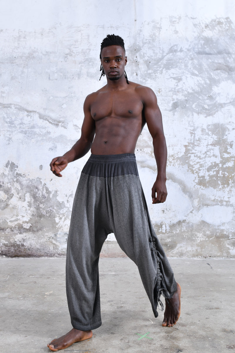 gray Men's baggy trousers for yoga and meditation, comfortable and breathable men's yoga pants, bohemian-style men's yoga pants with harem cut, organic cotton men's yoga pants for ultimate comfort, casual and stylish men's yoga pants for everyday wear, loose-fitting men's yoga pants, soft and stretchy men's yoga pants for flexibility and ease, wide leg men's yoga pants for maximum movement, relaxed-fit men's yoga pants with drawstring waistband, men burning man outfit