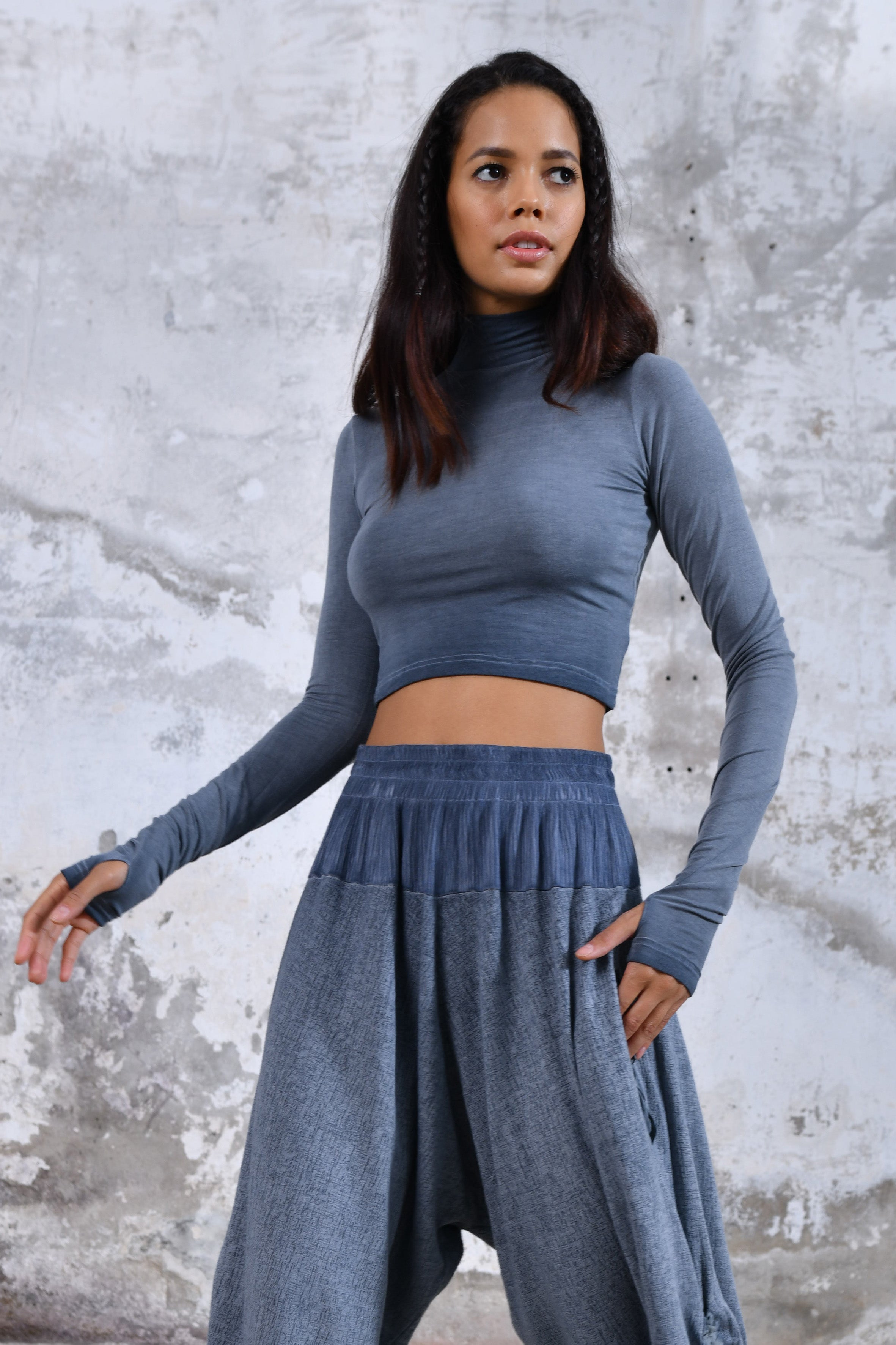 Blue Long Sleeve Boho Cropped Top • Boho Thumbholes Crop Top